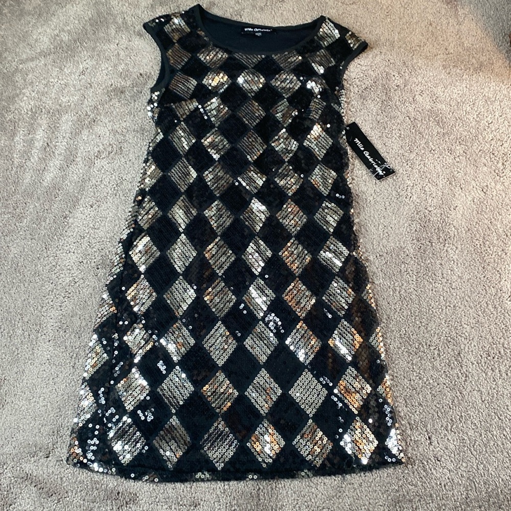Mlle Gabrielle Black Silver Sequin Sleeveless Cocktail Party Dress SIZE M